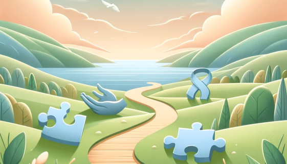 DALL·E 2024-01-29 12.26.04 - A tranquil landscape depicting the journey of mental health recovery. The image features a gently winding path through a serene and peaceful environme